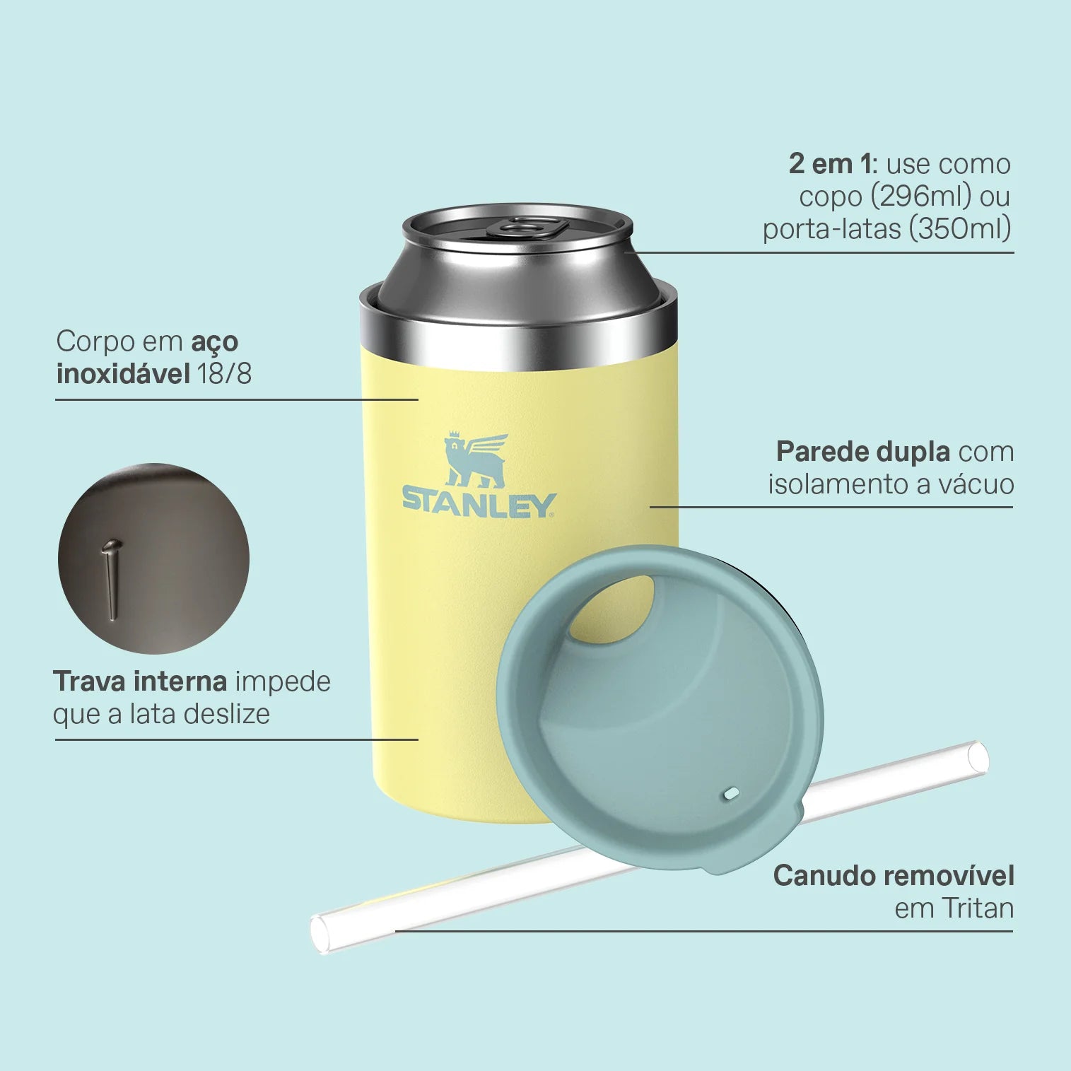Can Cooler com canudo Stanley | 296ML, copo térmico em aço inoxidável 18/8, design prático e funcional.