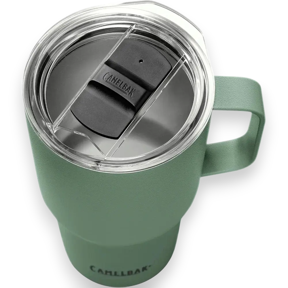 Caneca Alta Horizon Camelbak 700ml verde com tampa transparente e isolamento térmico a vácuo, mantém bebidas quentes ou frias.