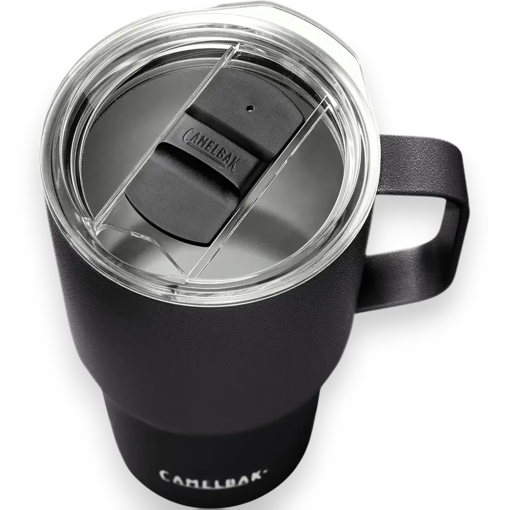 Caneca Alta Horizon Camelbak 700ml preta com tampa transparente e isolamento térmico, mantém bebidas aquecidas por 7h e frias por 15h.