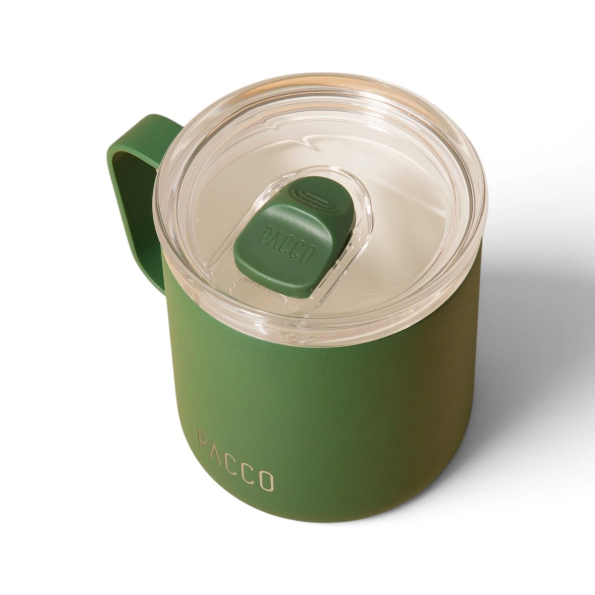 Caneca PACCO Fokus 295 ml Verde Militar, vista de cima com tampa fechada