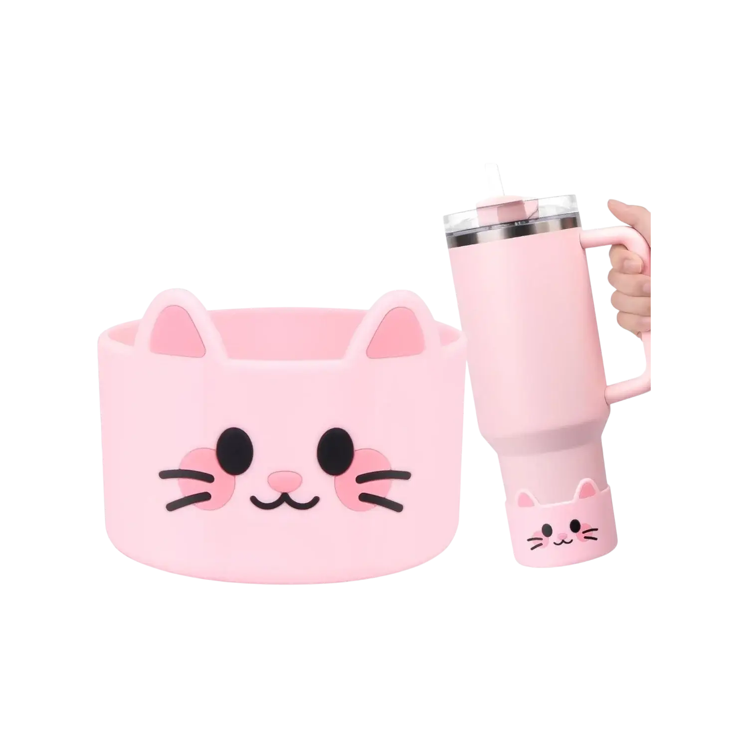 Capa de Silicone Médio - Variados 3D para copos tipo Quencher em formato de gato rosa, protege e reduz ruídos.