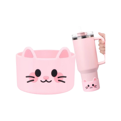 Capa de Silicone Médio - Variados 3D para copos tipo Quencher em formato de gato rosa, protege e reduz ruídos.