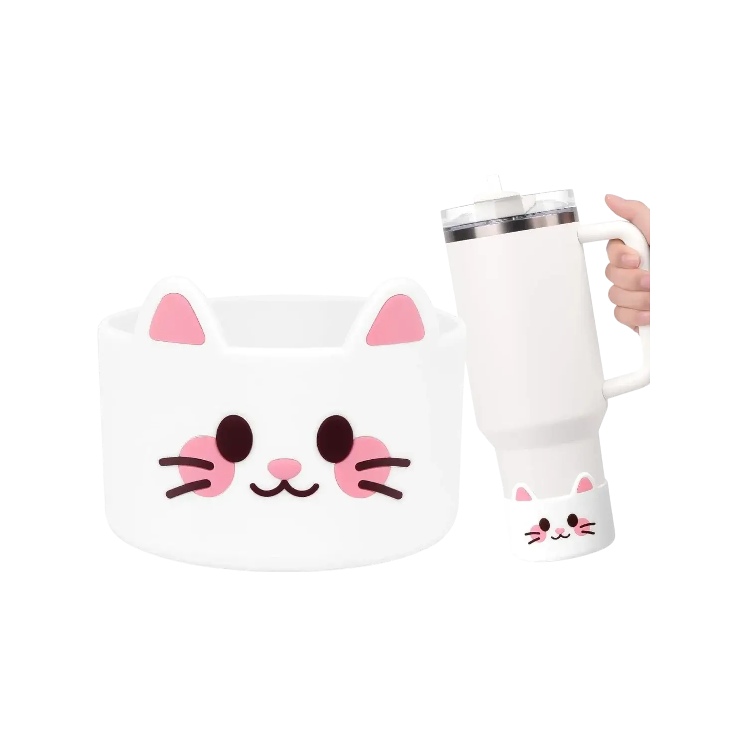 Capa de Silicone Médio - Variados 3D para copo ou garrafa com design de gatinho adorável, protege e silencia, ideal para 350 ml a 750 ml.