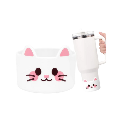Capa de Silicone Médio - Variados 3D para copo ou garrafa com design de gatinho adorável, protege e silencia, ideal para 350 ml a 750 ml.