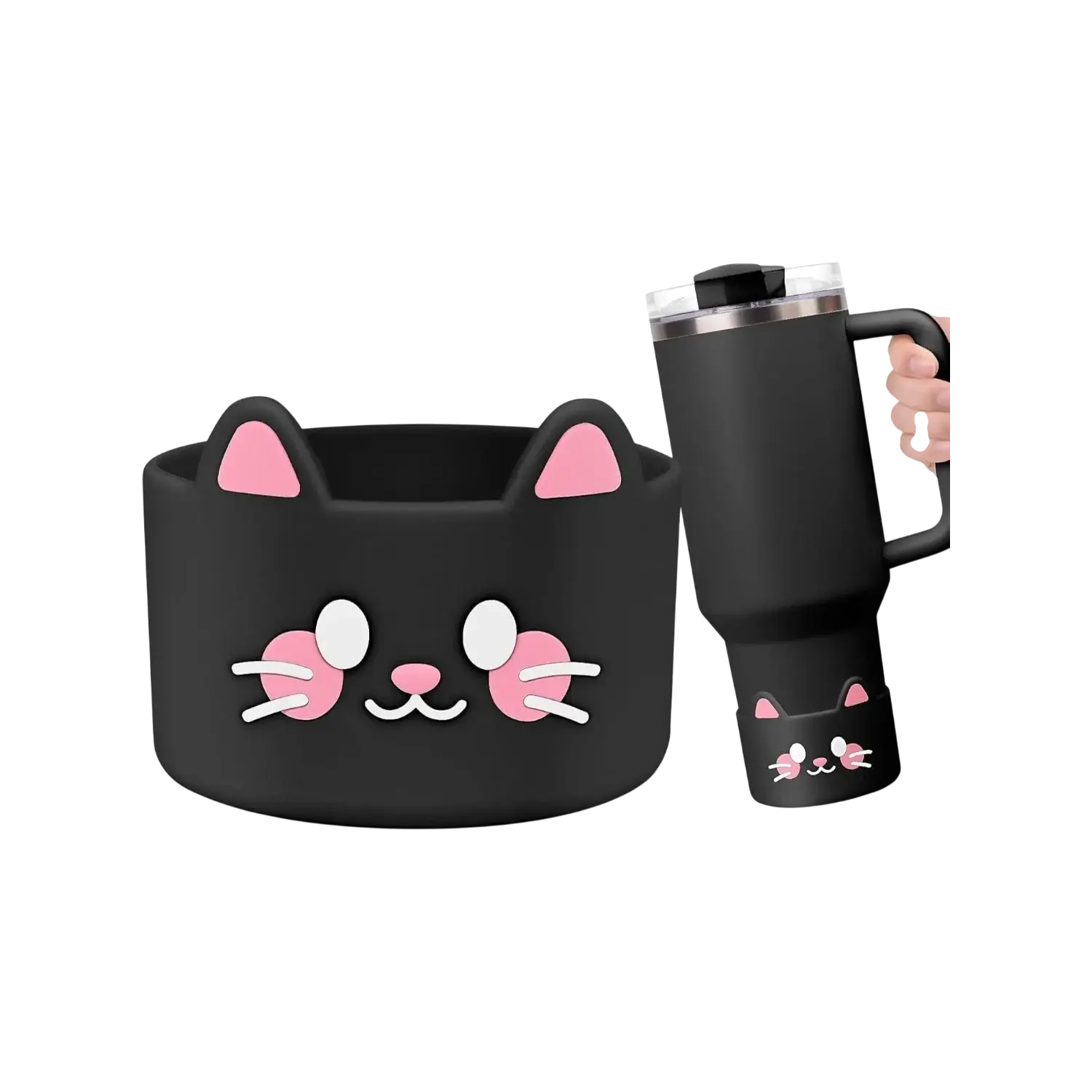 Capa de Silicone Médio - Variados 3D para copo com design de gato, protegendo e estilizando garrafas de 350 ml a 750 ml.