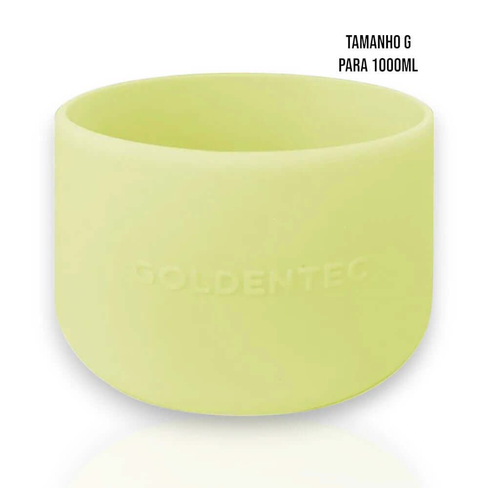 Capa de Silicone Goldentec G amarela, tamanho G para garrafas térmicas de 1000ml, proteção resistente e aderência melhorada.