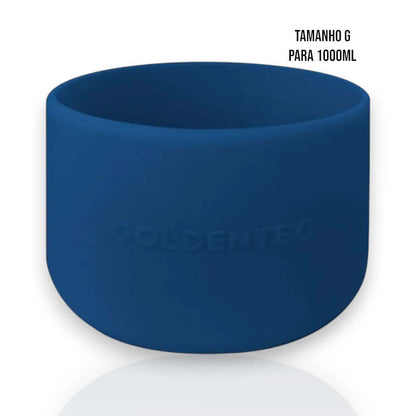 Capa de Silicone Goldentec G para garrafa térmica 1000ml, em silicone azul flexível, protege e melhora a aderência.