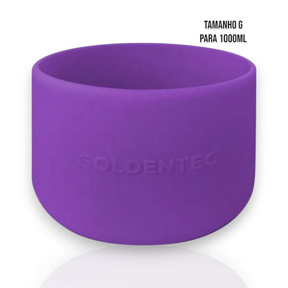 Capa de Silicone Goldentec G roxa para garrafas de 1000ml, proteção e aderência melhorada, design discreto e funcional.