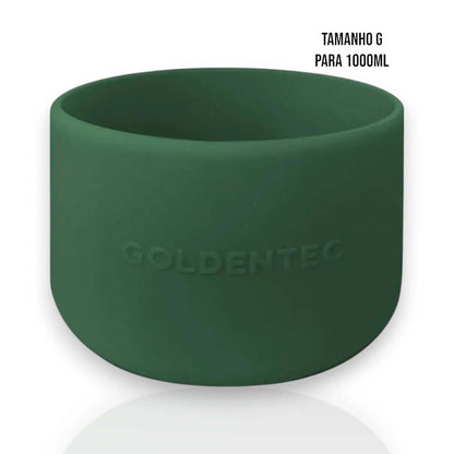Capa de Silicone Goldentec G verde para garrafa térmica de 1000ml, feita de silicone resistente, melhora aderência e protege contra riscos.