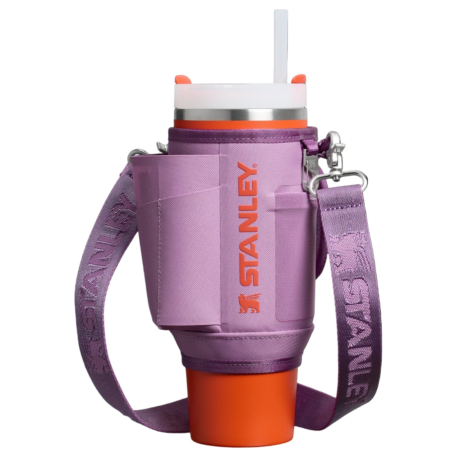 Bolsa para Copo Quencher Stanley 887ml – Carry All em poliéster reciclado, design moderno em roxo e laranja para hidratação prática.