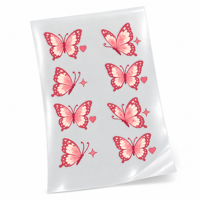 Cartela de Stickers UV DTF com Verniz, 8 Unidades Rose Butterfly, vista frontal