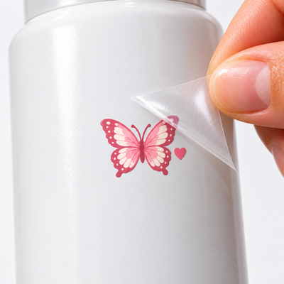 Rose Butterfly: detalhe do verniz protetor leve e da retirada da película de transferência UV DTF.