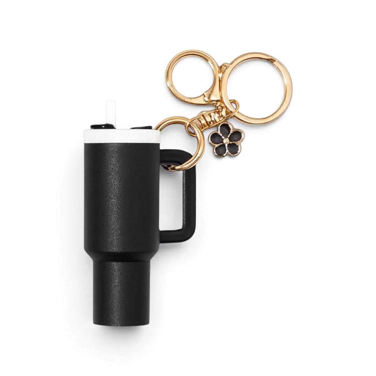 Chaveiro Copo Stanley Quencher preto em design miniatura com argola dourada, ideal para expressar estilo autêntico e prático diariamente.