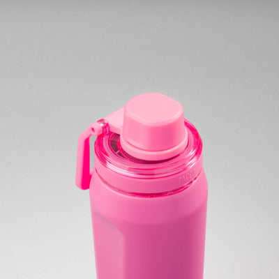 Garrafa Térmica PACCO Vyta 650ml rosa, destaque para tampa e acabamento refinado. Ideal para manter bebidas na temperatura ideal.