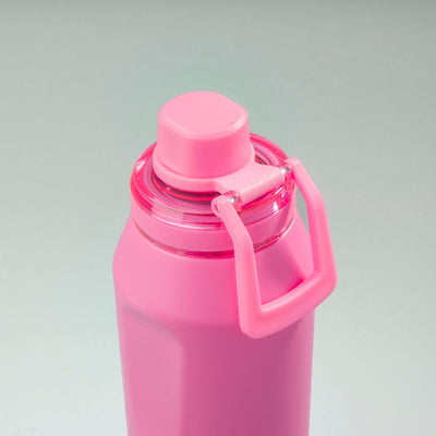 Garrafa Térmica PACCO Vyta 950ml rosa com tampa destacável em aço inox 18/10, isolamento térmico a vácuo, vista superior.