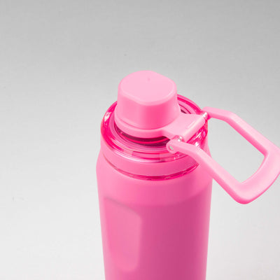 Garrafa Térmica PACCO Vyta 500ml rosa, feita de aço inox, vista superior destacando a tampa e alça de transporte.