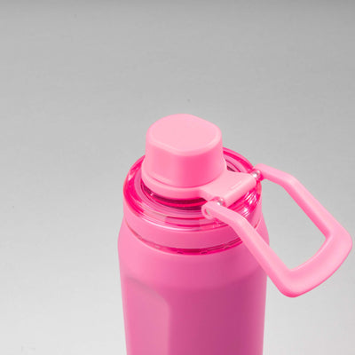 Close-up da tampa rosa da Garrafa Térmica PACCO Vyta 650ml, destacando seu design elegante e prático em aço inoxidável.