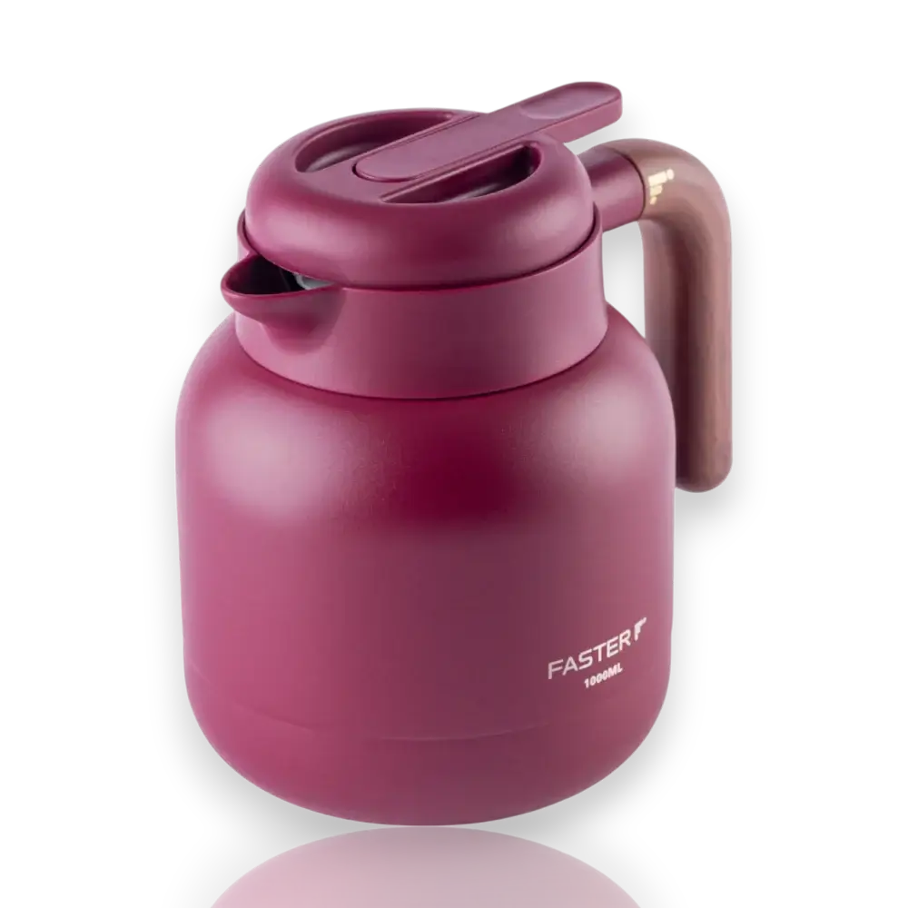 Garrafa de Café Expresso Faster - 1000ml, térmica em aço inox, mantém líquidos acima de 70°C por 6 horas, design elegante em tom vinho.