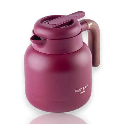 Garrafa de Café Expresso Faster - 1000ml, térmica em aço inox, mantém líquidos acima de 70°C por 6 horas, design elegante em tom vinho.