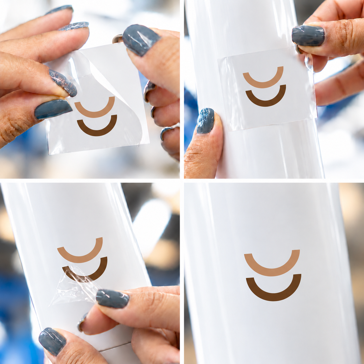 Arcos caramelo — sticker UV DTF individual com verniz — passo a passo ilustrativo de aplicação