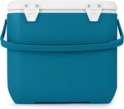Coleman Chiller Cooler 30QT azul com alça para transporte, ideal para praia, camping e piqueniques com capacidade de 28,3L.