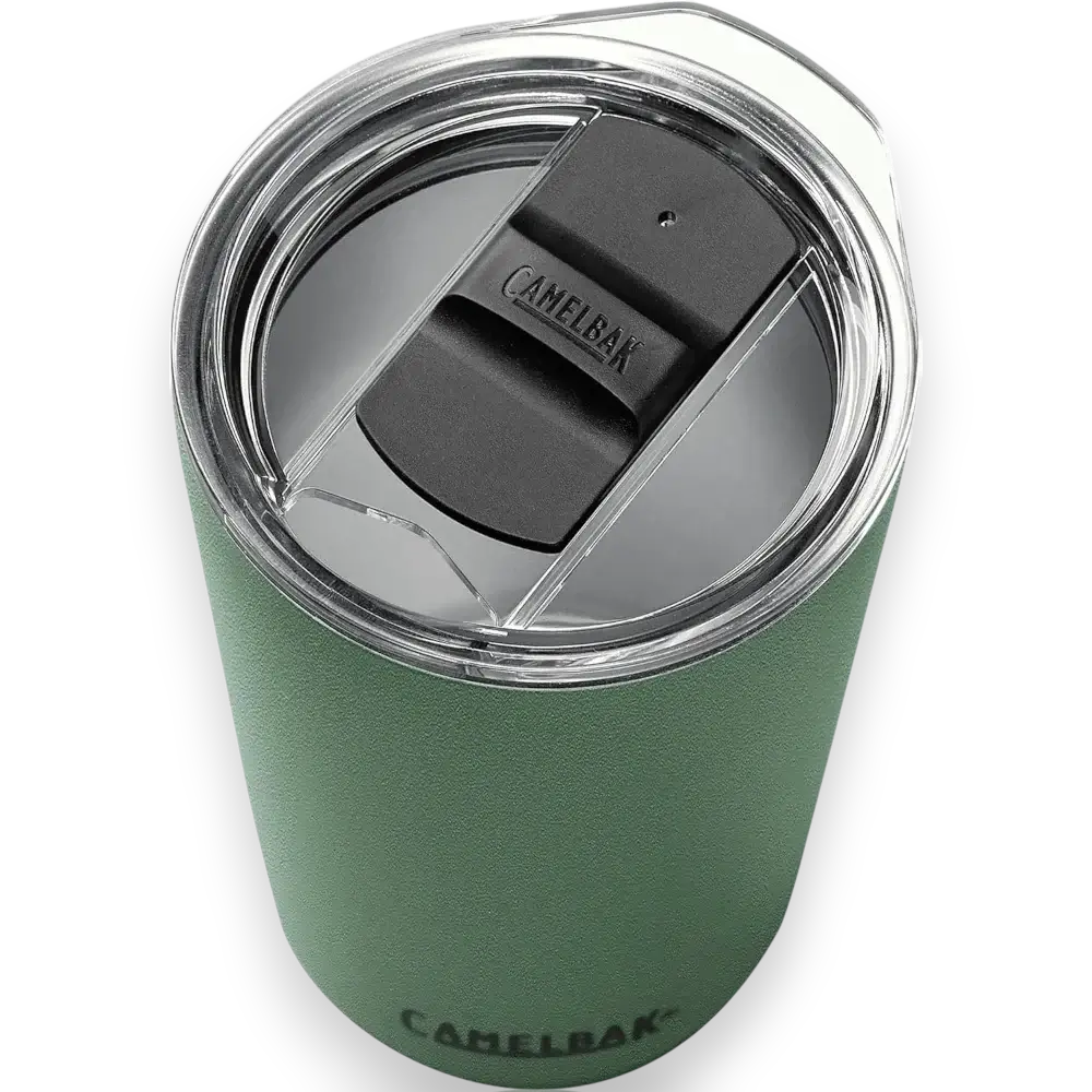 Copo Térmico Horizon Camelbak 500ml verde com tampa, mantém bebidas quentes por 5h e frias por 10h, ideal para uso diário.