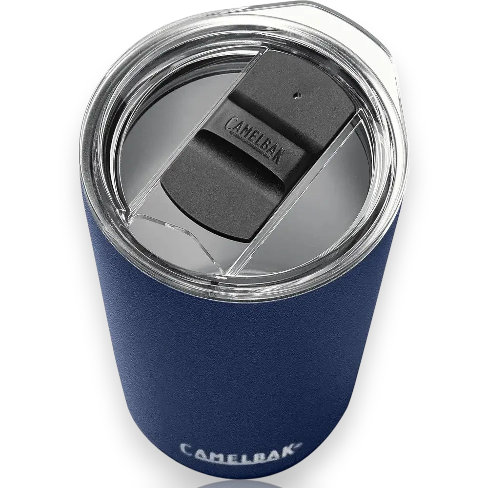 Copo Térmico Horizon Camelbak 500ml azul com tampa, perfeito para manter bebidas quentes por 5h e frias por 10h. Design funcional e elegante.