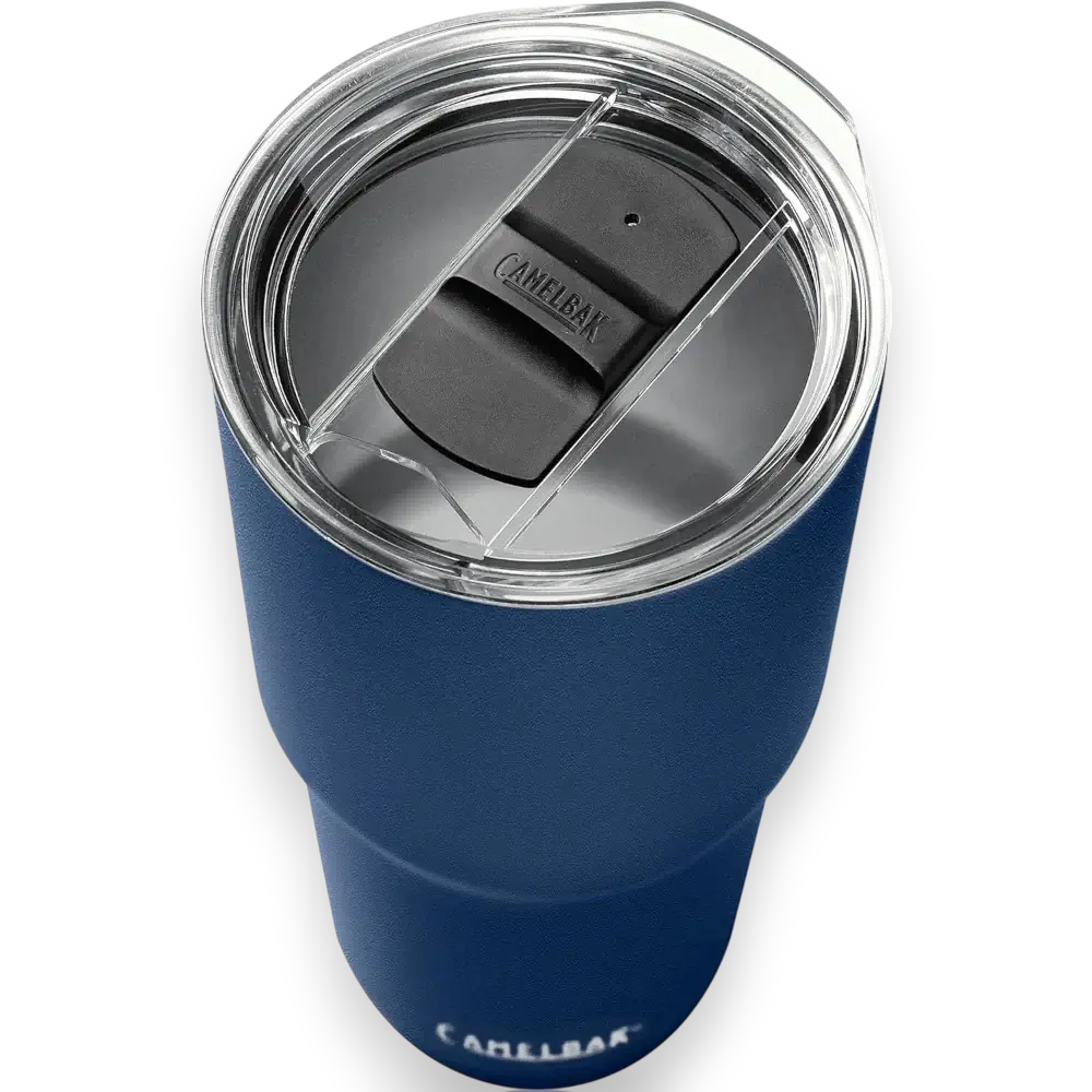 Copo Horizon Camelbak 850ml azul com tampa, mantém bebidas quentes por 8h e frias por 16h, visto de cima.