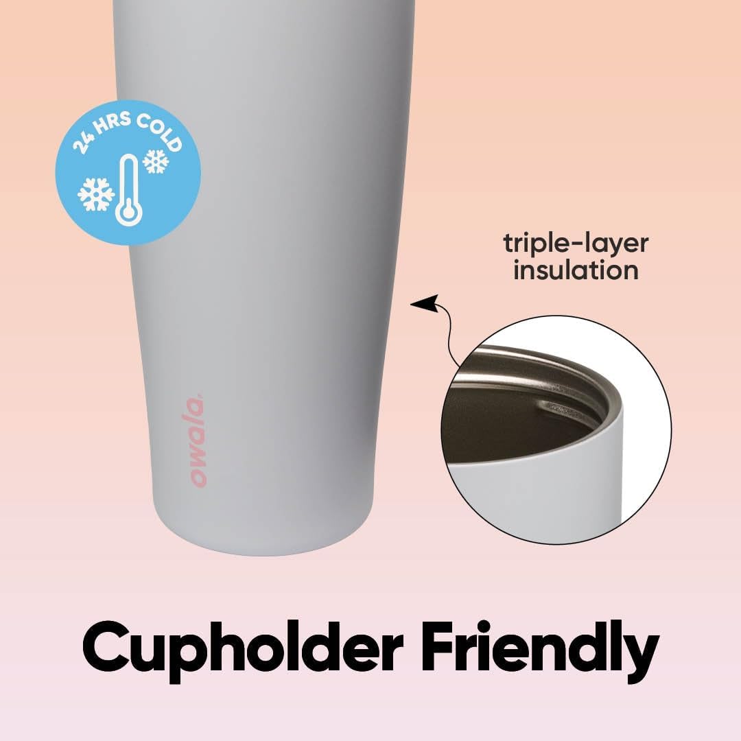 Owala Tumbler Free Sip 1,185 ml Beach House, infográfico com as características