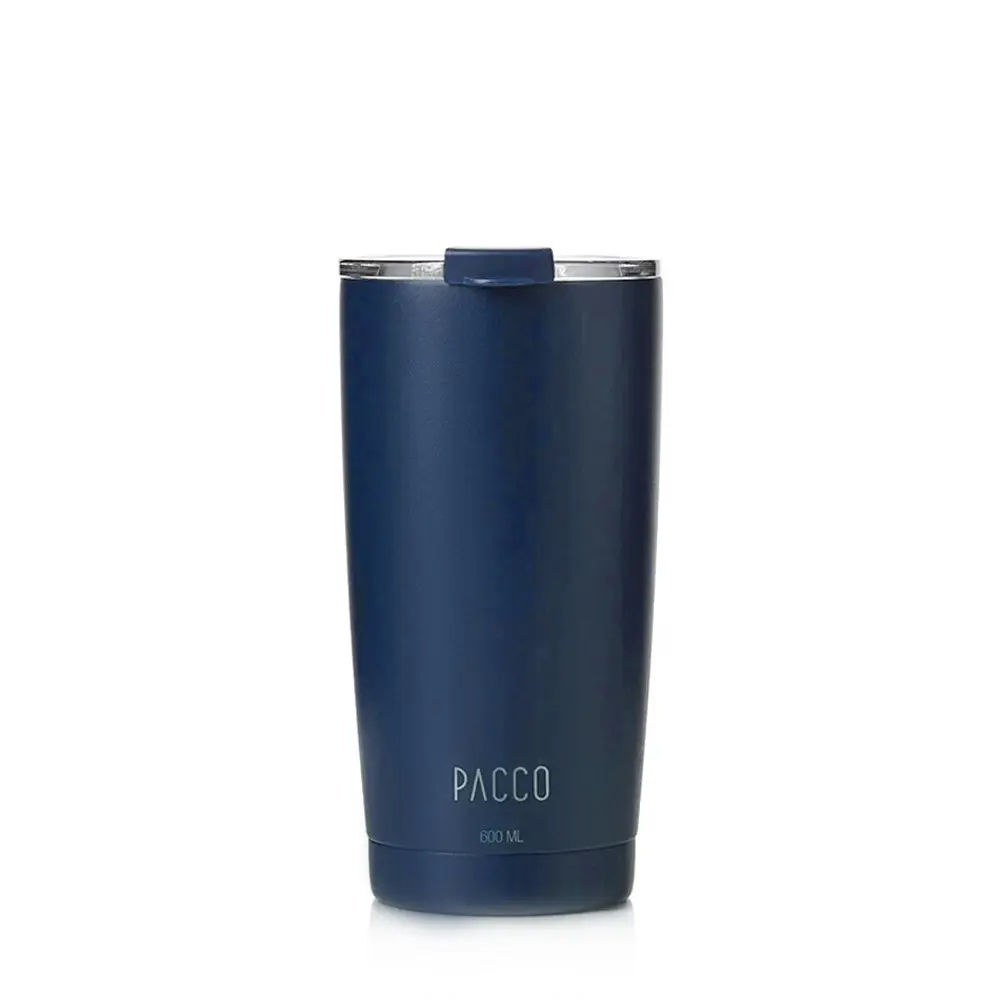 Copo Térmico PACCO ThermoCup 600ml azul com isolamento a vácuo, ideal para manter bebidas geladas por 6h e quentes por 3h.