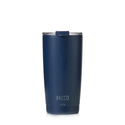 Copo Térmico PACCO ThermoCup 600ml azul com isolamento a vácuo, ideal para manter bebidas geladas por 6h e quentes por 3h.