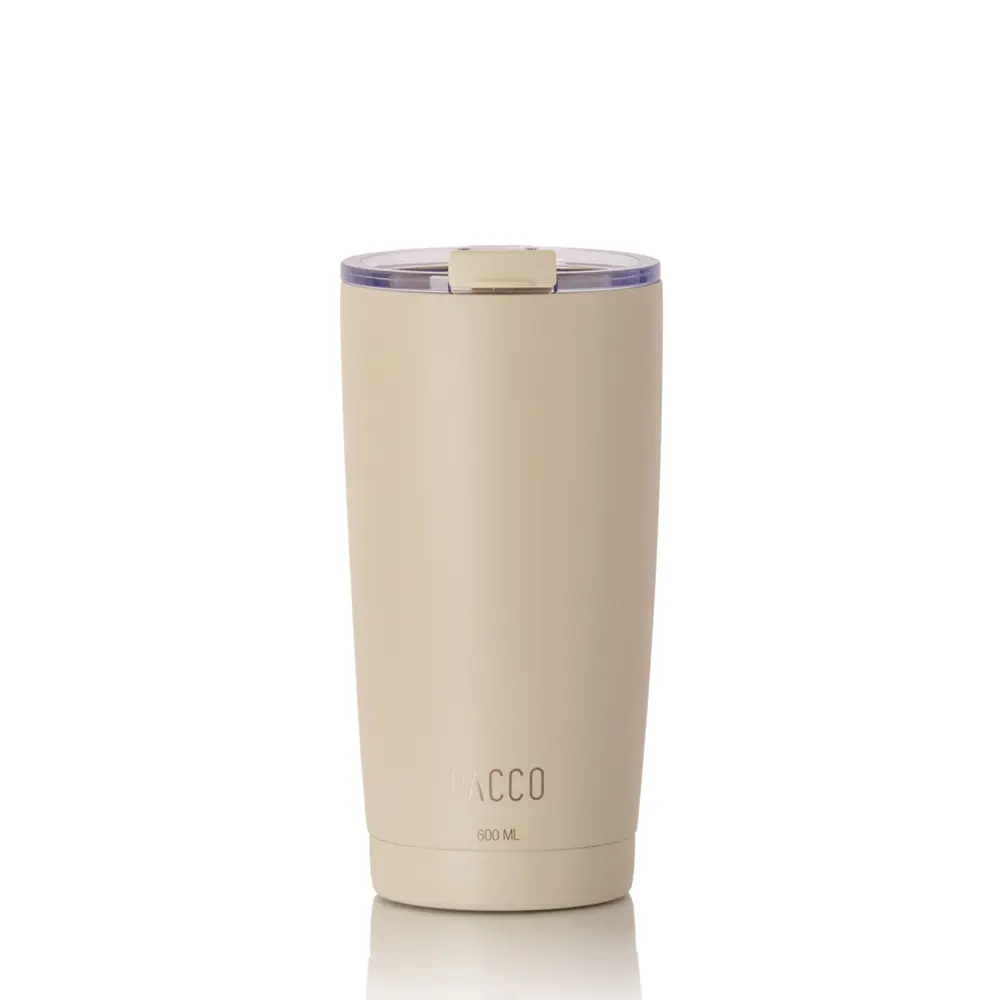 Copo Térmico PACCO ThermoCup 600ml em cor bege, copo com isolamento a vácuo para retenção térmica de bebidas quentes e frias.