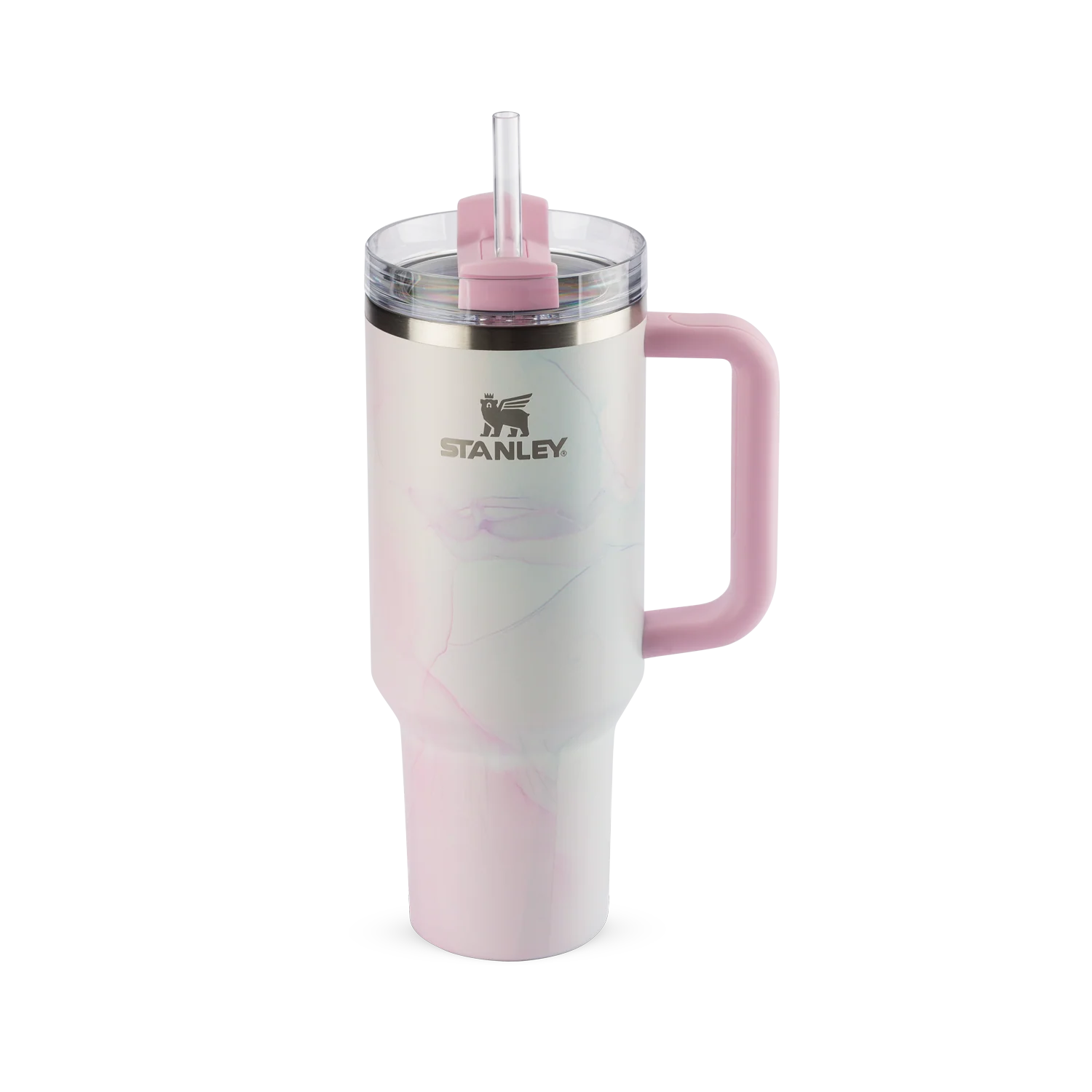Copo Quencher Stanley 1,18L rosa com alça ergonômica, design icônico e tampa FlowState, ideal para hidratação diária.