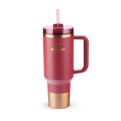 Copo Quencher Stanley 1,18L vermelho com alça e canudo, ideal para academia, escritório e viagens com tampa FlowState multifuncional.