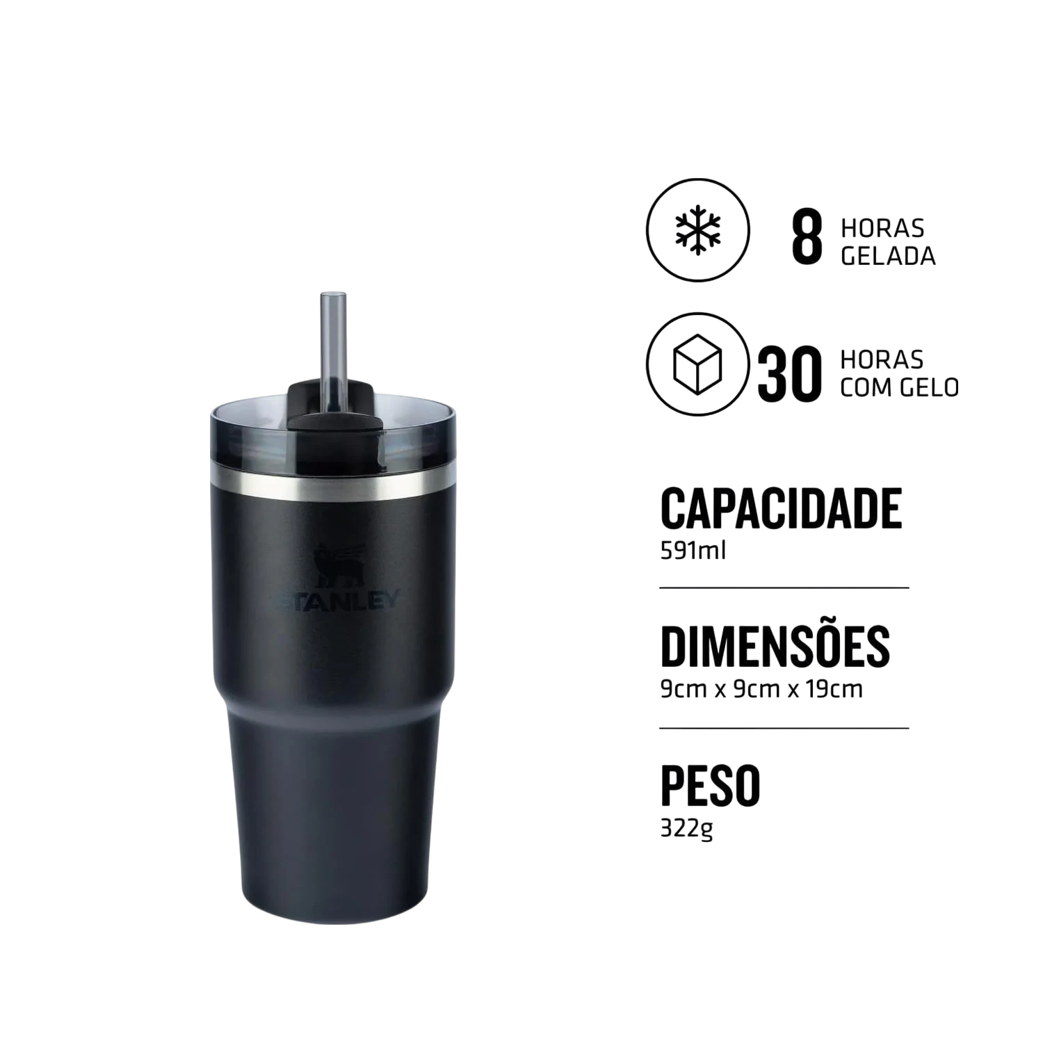 Copo Quencher 2.0 Stanley | 591ml com canudo, copo térmico preto com isolamento a vácuo, mantém bebidas quentes ou frias.