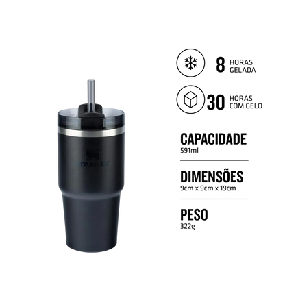 Copo Quencher 2.0 Stanley | 591ml com canudo, copo térmico preto com isolamento a vácuo, mantém bebidas quentes ou frias.