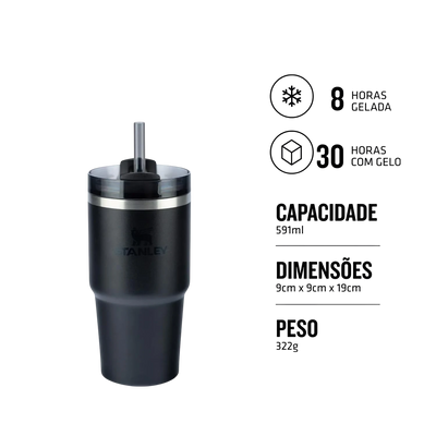 Copo Quencher 2.0 Stanley | 591ml com canudo, mantém bebidas frias até 30h, preto, ideal para uso diário e versátil.