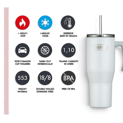 Copo Térmico com canudo Thermos 1100 ml Branca, infográfico com as características