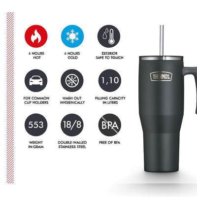 Copo Térmico com canudo Thermos 1100 ml Preta, infográfico com as características