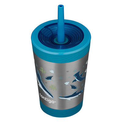 Copo Térmico Contigo THERMALOCK® Kids 341 ml Inox Tubarão, vista de cima com tampa fechada