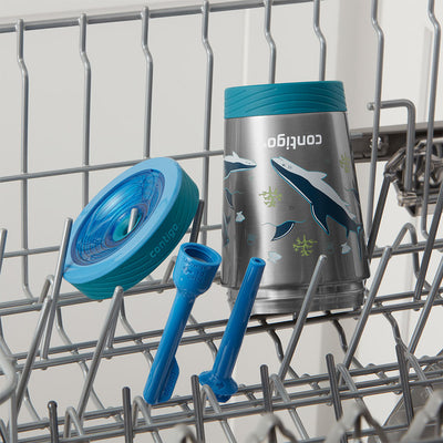 Copo Térmico Contigo THERMALOCK® Kids 341 ml Inox Tubarão, com a tampa aberta