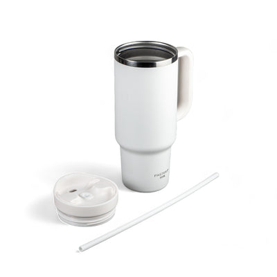 Copo Térmico King Faster 800 ml branco com tampa e canudo, ideal para bebidas frias ou quentes, em aço inox com design moderno.