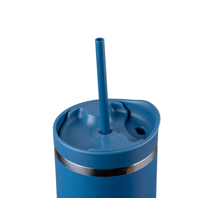 Copo Térmico King Faster 800 ml em aço inox com tampa azul e canudo, ideal para manter bebidas quentes ou frias por longos períodos.
