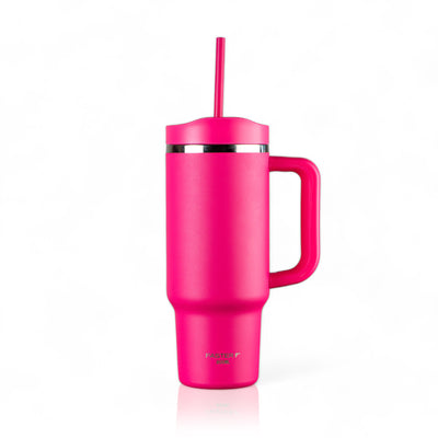 Copo Térmico King Faster 800 ml rosa com alça e canudo, design moderno e capacidade térmica para bebidas quentes ou frias.