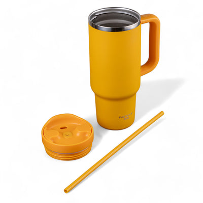 Copo Térmico King Faster 800 ml em aço inox amarelo com tampa e canudo