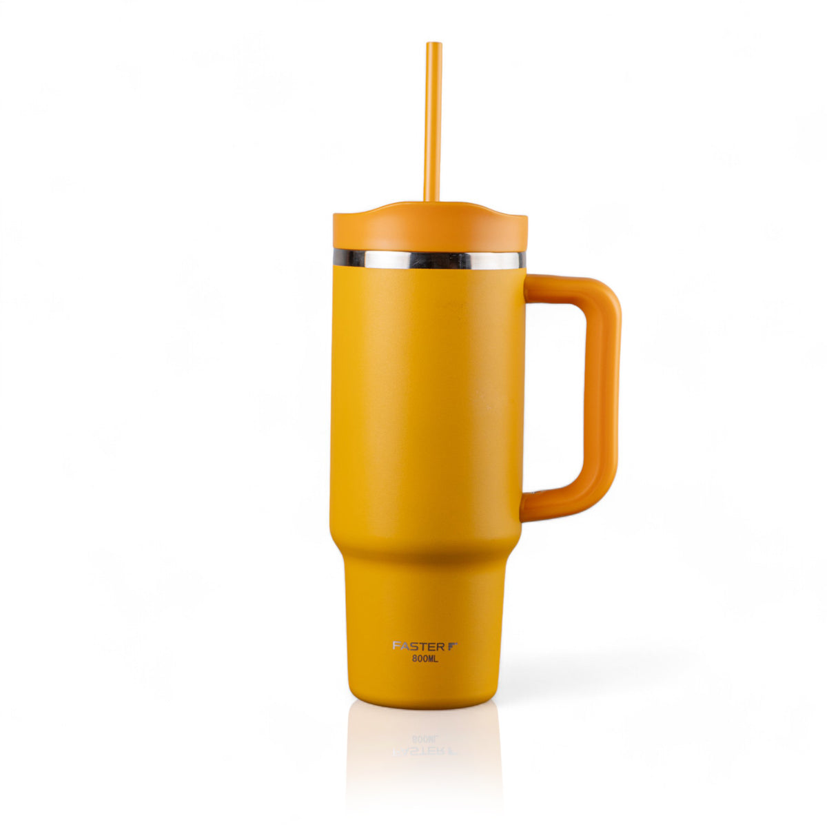 Copo Térmico King Faster 800 ml amarelo com tampa e alça, ideal para bebidas quentes e frias, fabricado em aço inoxidável.