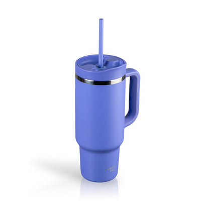 Copo Térmico King Faster 800 ml em azul com alça, ideal para bebidas quentes ou frias, feito em aço inoxidável livre de BPA, com canudo.