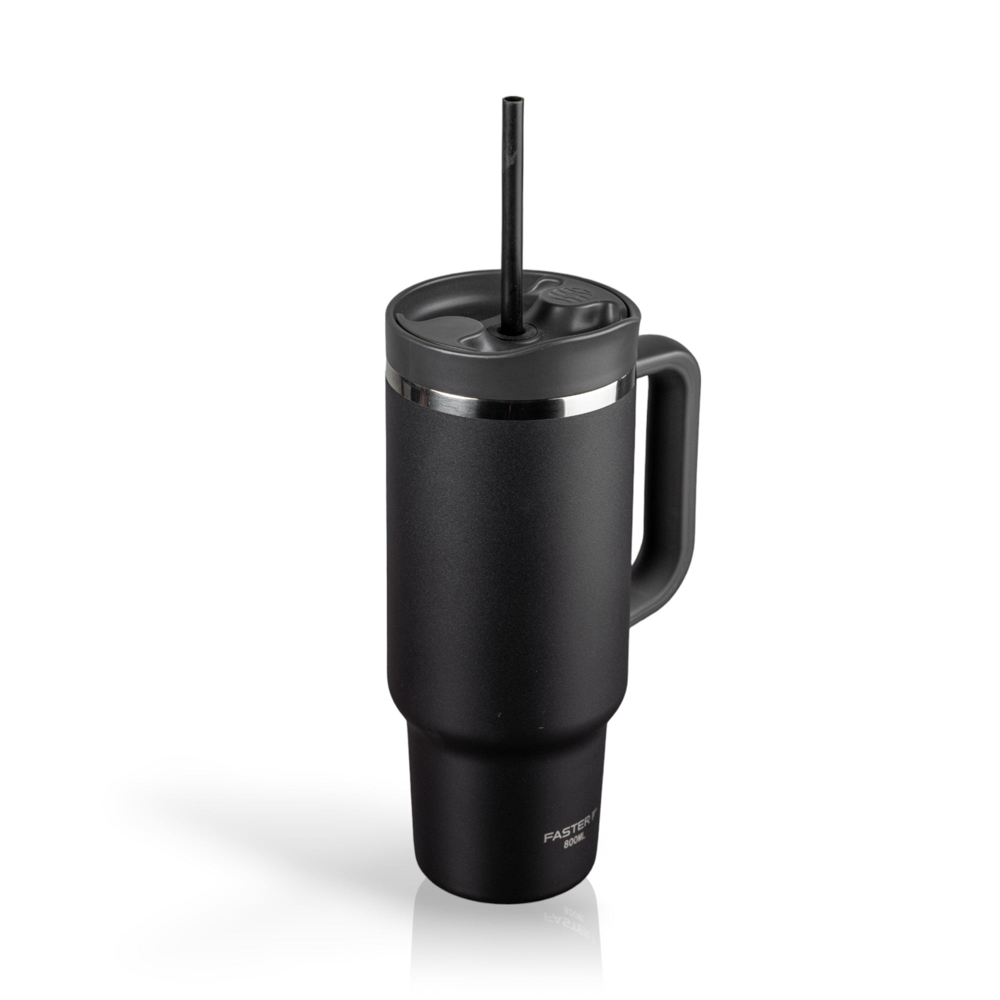 Copo Térmico King Faster 800 ml em aço inox preto com alça e canudo, ideal para manter bebidas quentes ou frias em viagens e academia.