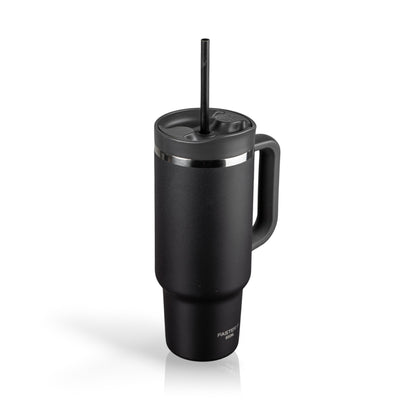 Copo Térmico King Faster 800 ml em aço inox preto com alça e canudo, ideal para manter bebidas quentes ou frias em viagens e academia.