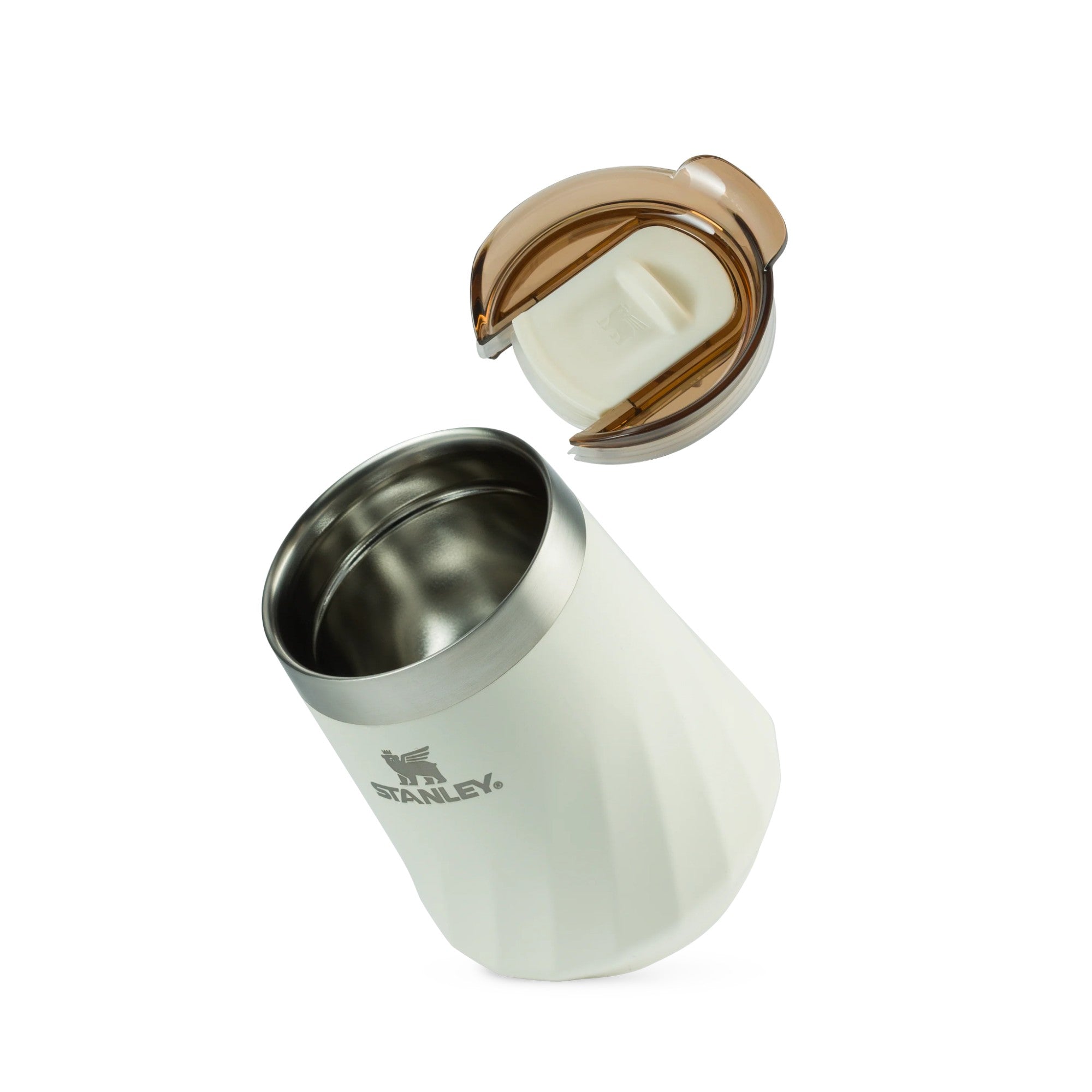 Copo Térmico Stanley Reserve Wine 325ml branco com tampa, design facetado em aço inox.